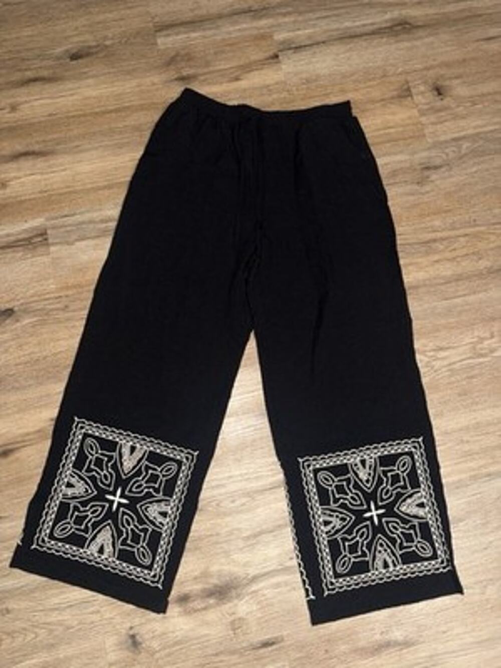 Cato Black Embroidered Hem Wide Leg Pants Drawstring Elastic Waist Large Boho